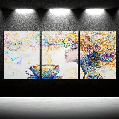 3pcs Vibrant Abstract Coffee Cup and Swirls Metal Print Ready to Hang Art - Bella Home Decor