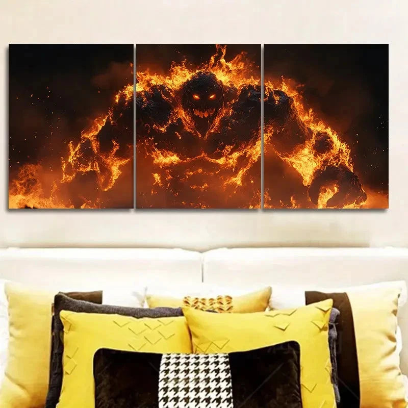 3pcs The Burning Flame Monster    Wall Art Set Canvas Framed 50x70cm - High Quality Print 100% Australian Made Wall Canvas Ready to Hang