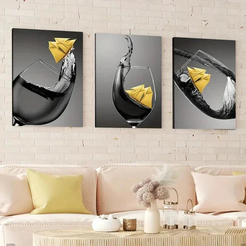 3pcs Abstract Black & Yellow Accents Wine Glass Wall Art Canvas Unframed - High Quality Print 100% Australian Made Wall Canvas - Bella Home Decor
