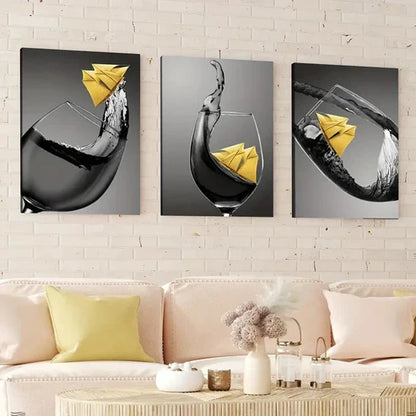3pcs Abstract Black & Yellow Accents Wine Glass Wall Art Canvas Unframed - High Quality Print 100% Australian Made Wall Canvas - Bella Home Decor
