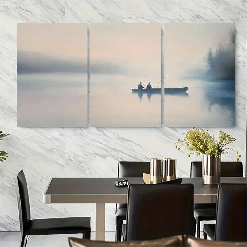 3pcs Serene Fishing Scene at Dawn Metal Print Ready to Hang Art