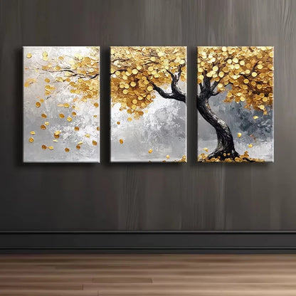3pcs Luxurious Golden Leaf Tree Illustration Wall Art Set Canvas Framed 50x70cm - High Quality Print 100% Australian Made Wall Canvas Ready to Hang