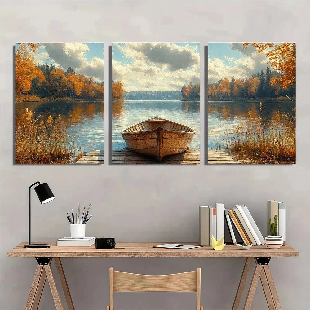 3pcs Rustic Lake Serene Autumn Scene Metal Print Ready to Hang Art - Bella Home Decor