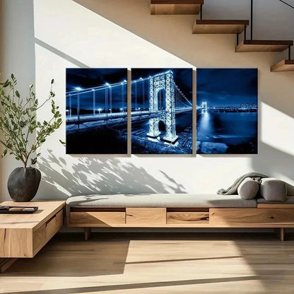 3pcs Blue Brooklyn Bridge Night Cityscape Wall Art Set Canvas Framed 50x70cm - High Quality Print 100% Australian Made Wall Canvas Ready to Hang - Bella Home Decor