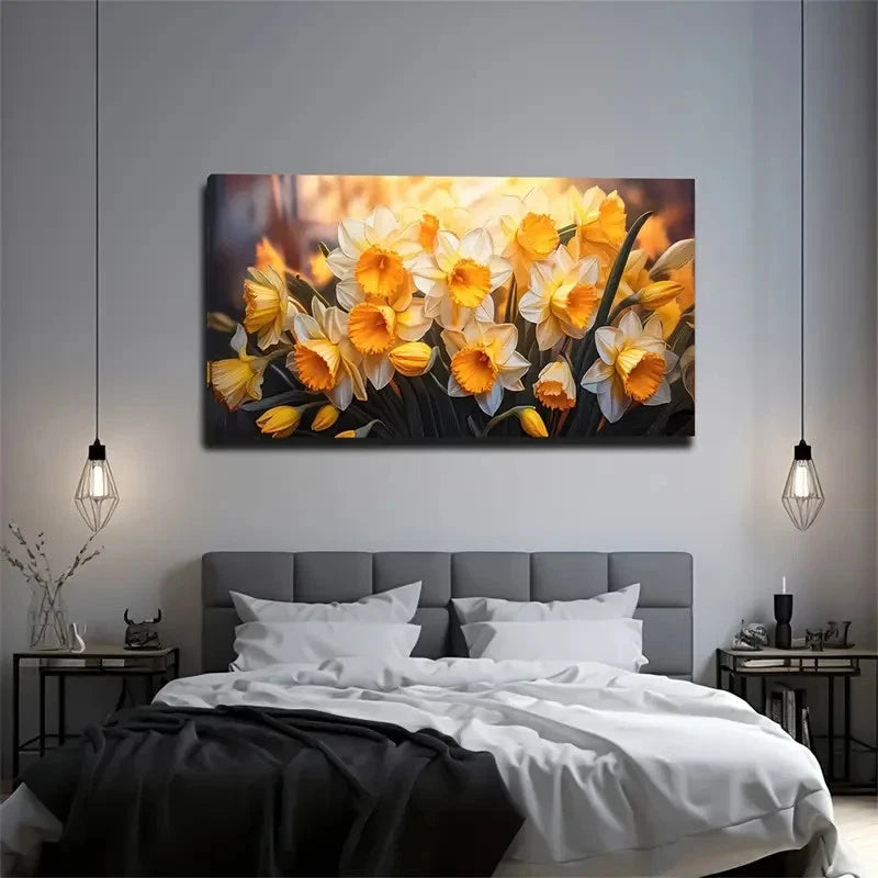 Yellow & Golden Floral Wall Art Canvas Office Home Room Framed 120x60cm