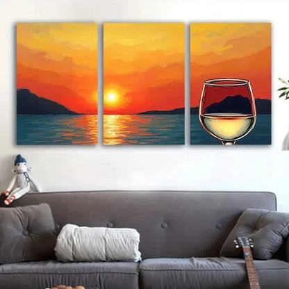3pcs Sunset Table and Ocean View Scene Wall Art Set Canvas Framed 50x70cm - High Quality Print 100% Australian Made Wall Canvas Ready to Hang