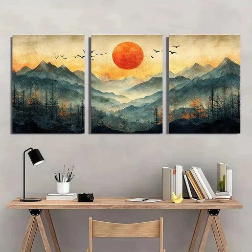 3pcs Mountain Landscape with Sun and Birds Wall Art Set – Wall Art Canvas Unframed - High Quality Print 100% Australian Made Wall Canvas
