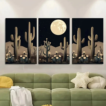 3pcs Cactus & Full Moon Desert Landscape Metal Print Ready to Hang Art - Bella Home Decor