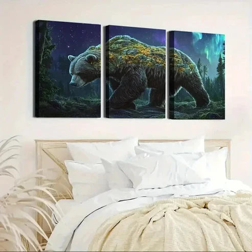 3pcs Moss Bear Under Aurora Borealis  Wall Art Set Canvas Unframed - High Quality Print 100% Australian Made Wall Canvas
