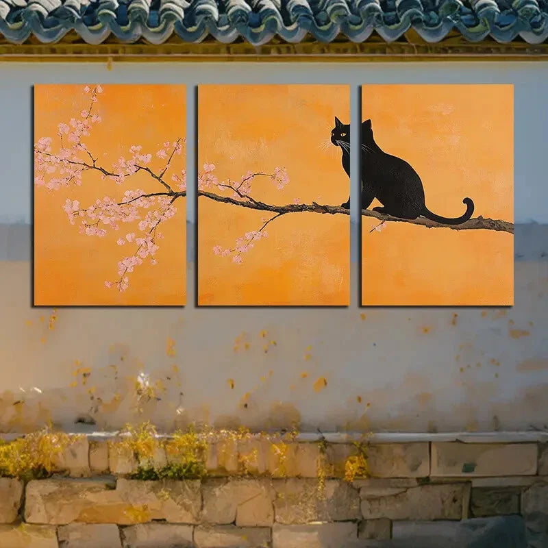 3pcs Cat and Cherry Blossom Branches Metal Print Ready to Hang Art - Bella Home Decor