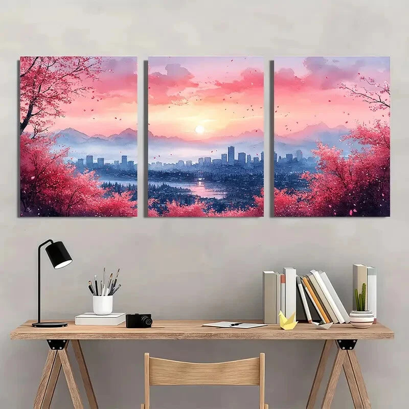 3pcs Cherry Blossom Cityscape Sunset Skyline Metal Print Ready to Hang Art - Bella Home Decor