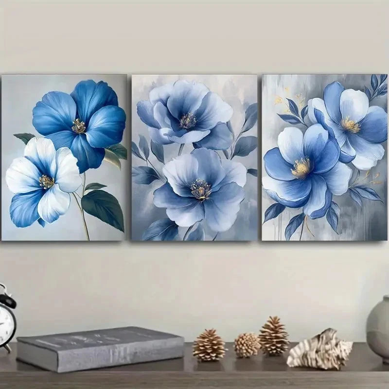 3pcs Paintings Featuring Blue Flowers Metal Print Ready to Hang Art - Bella Home Decor