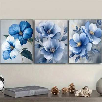 3pcs Paintings Featuring Blue Flowers Metal Print Ready to Hang Art - Bella Home Decor
