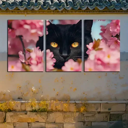 3pcs Black Cat with Amber Eyes Triptych Wall Art Canvas Unframed - High Quality Print 100% Australian Made Wall Canvas