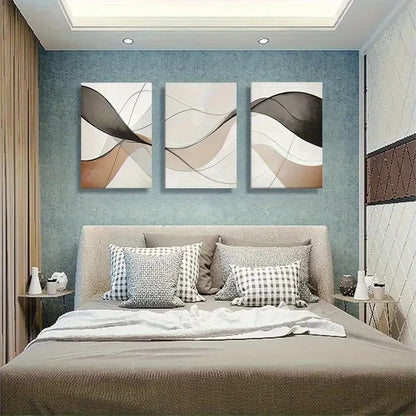 3pcs Abstract Beige & Black Geometric Design Metal Print Ready to Hang Art - Bella Home Decor