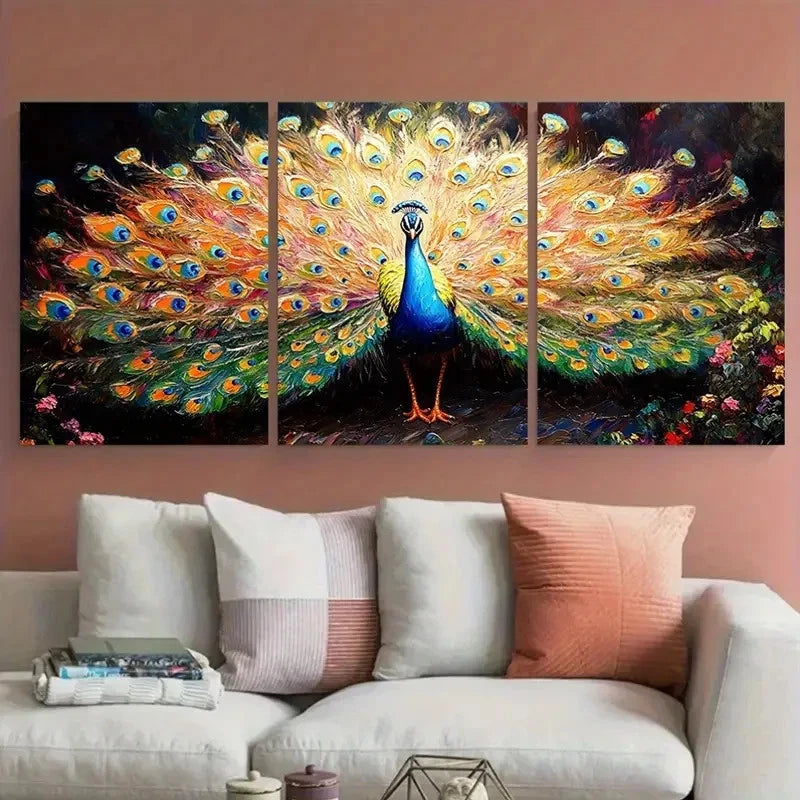 3pcs Vibrant Peacock with Detailed Feathers Design Metal Print Ready to Hang Art - Bella Home Decor