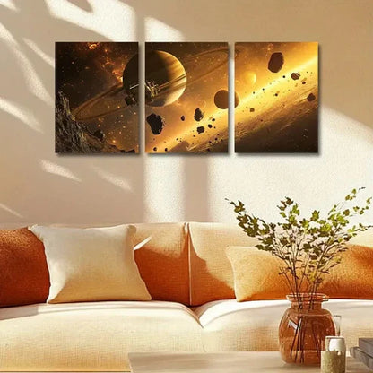 3pcs Golden Planets & Stars Dramatic Perfect Wall Art Canvas Unframed - High Quality Print 100% Australian Made Wall Canvas - Bella Home Decor