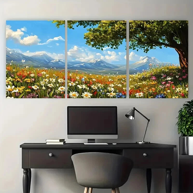 3pcs Meadow Wildflower Field Tree & Flowers Metal Print Ready to Hang Art - Bella Home Decor