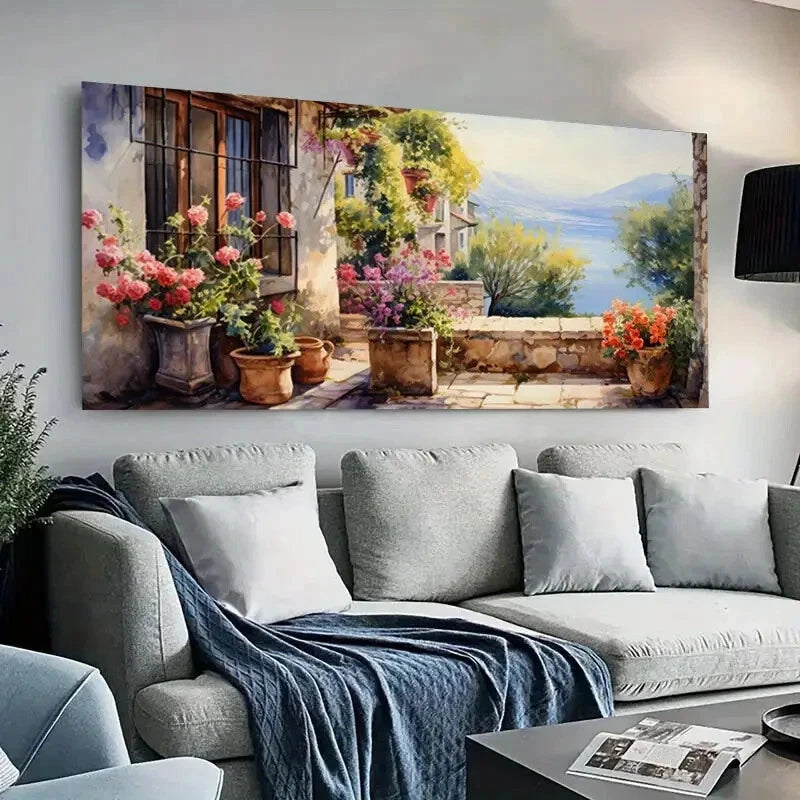 Balcony Greenery Flowers wall canvas office home room framed 120x60cm - Bella Home Decor