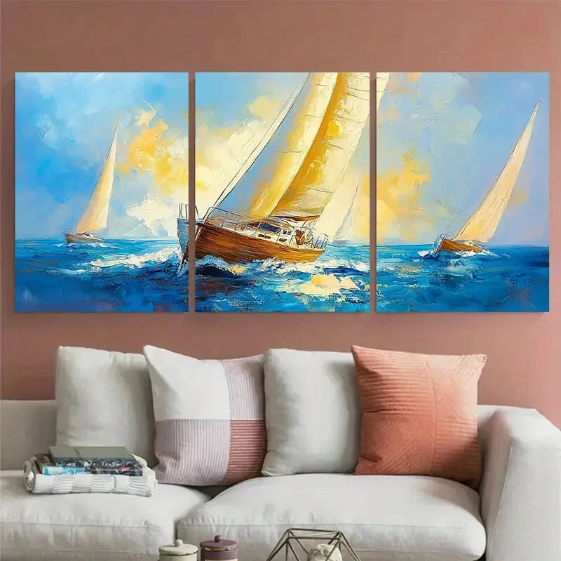 3pcs Sailboat Seascape Illustration Metal Print Ready to Hang Art - Bella Home Decor