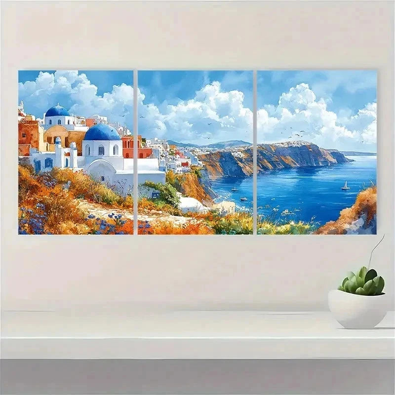 3pcs Blue Roofs Of Santorini Watercolor Perfect Wall Art Set Canvas Framed 50x70cm - High Quality Print 100% Australian Made Wall Canvas Ready to Hang - Bella Home Decor