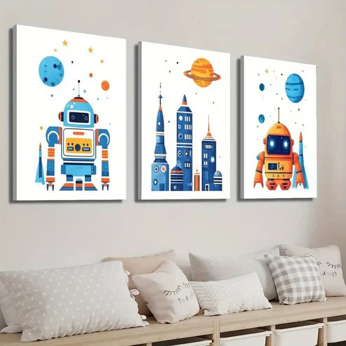 3pcs Cartoon Space Theme Wall Art Set Canvas Unframed - High Quality Print 100% Australian Made Wall Canvas - Bella Home Decor