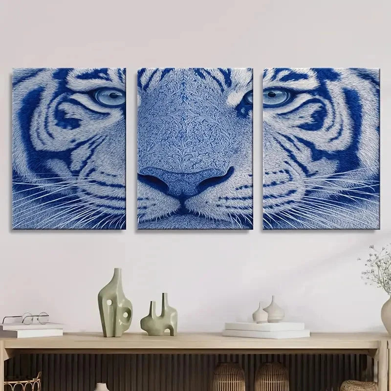 3pcs blue white tiger Wall Art Set Canvas Framed 50x70cm - High Quality Print 100% Australian Made Wall Canvas Ready to Hang - Bella Home Decor