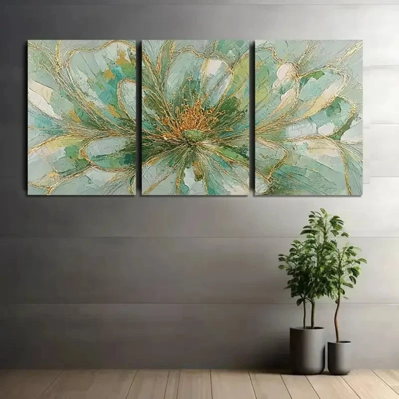 3pcs Flower with Light Green-Golden and Golden Metal Print Ready to Hang Art - Bella Home Decor