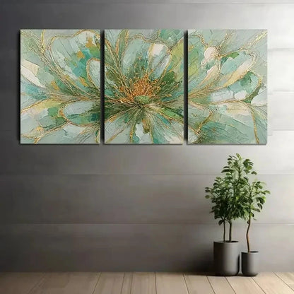 3pcs Flower with Light Green-Golden and Golden Metal Print Ready to Hang Art - Bella Home Decor