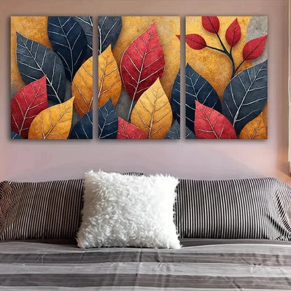 3pcs Red Blue Abstract Leaves Poster Wall Art Set Canvas Framed 40x60cm - High Quality Print 100% Australian Made Wall Canvas Ready to Hang