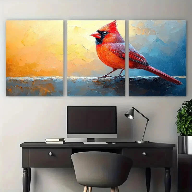 3pcs Vibrant Cardinal Bird Impasto Illustration Metal Print Ready to Hang Art - Bella Home Decor