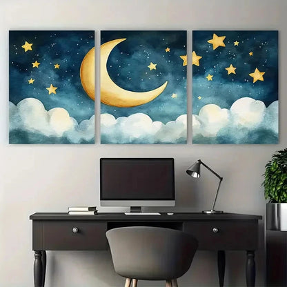 3pcs Crescent Moon Stars Kids Room Watercolor Metal Print Ready to Hang Art - Bella Home Decor