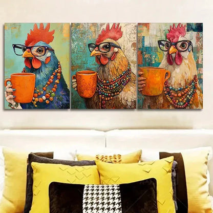 3pcs Featuring Hens Wearing Glasses Wall Art Set Canvas Unframed - High Quality Print 100% Australian Made Wall Canvas