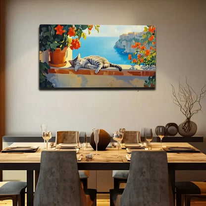 Serene Cat By The Sea Wall Art Canvas Office Home Room Framed 120x60cm