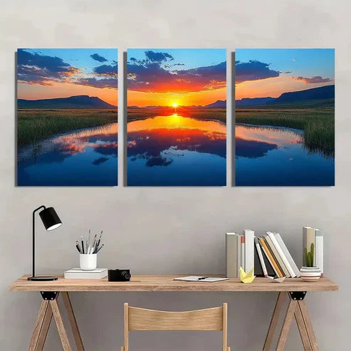 3pcs Sunset Sky Clouds Mountains and Rivers  Wall Art Set Canvas Unframed - High Quality Print 100% Australian Made Wall Canvas