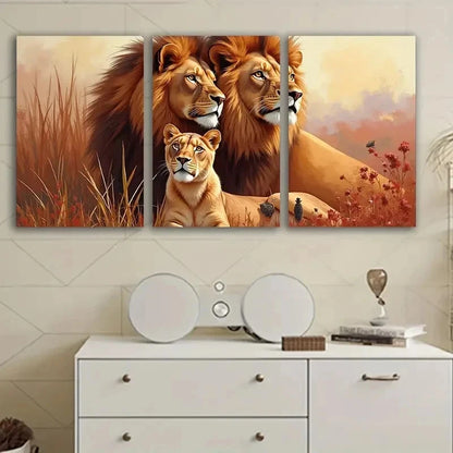 3pcs Lion Family African Portrait Wall Art Set Canvas Framed 60x90cm - High Quality Print 100% Australian Made Wall Canvas Ready to Hang