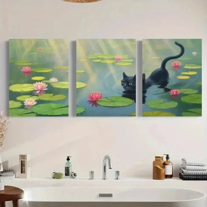 3pcs Black Cat, Water Lilies Wall Art Canvas Unframed - High Quality Print 100% Australian Made Wall Canvas - Bella Home Decor