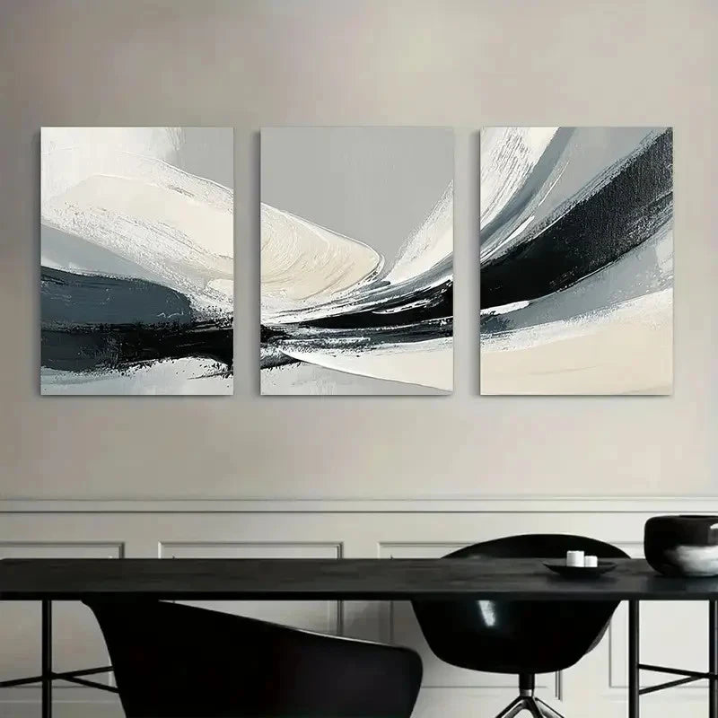 3pcs Abstract Black Gray and White Brushstroke Metal Print Ready to Hang Ar - Bella Home Decor