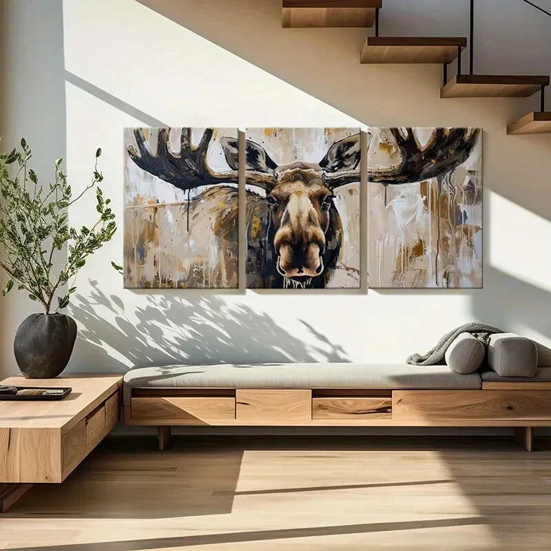 3pcs Abstract Moose Art Wildlife Painting Metal Print Ready to Hang Art - Bella Home Decor