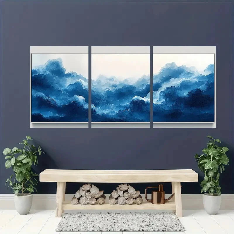 3pcs Vintage Abstract Navy Blue Cloud Sky Metal Print Ready to Hang Art - Bella Home Decor