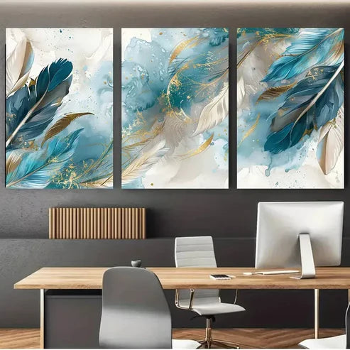 3pcs Blue & White Feathers Abstract Canvas Framed 60x90cm - High Quality Print 100% Australian Made Wall Canvas Ready to Hang