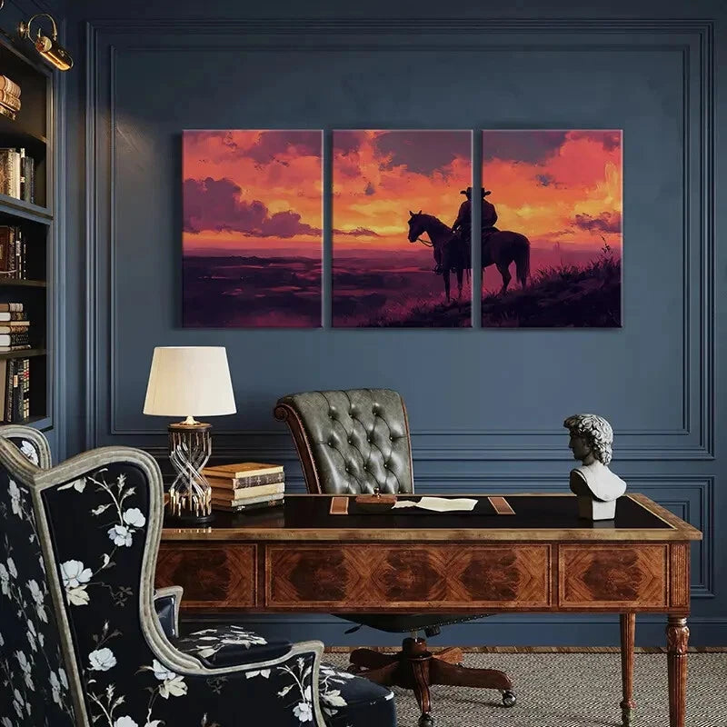 3pcs Western Cowboy Sunset Landscape Art Metal Print Ready to Hang Art - Bella Home Decor