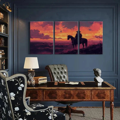 3pcs Western Cowboy Sunset Landscape Art Metal Print Ready to Hang Art - Bella Home Decor