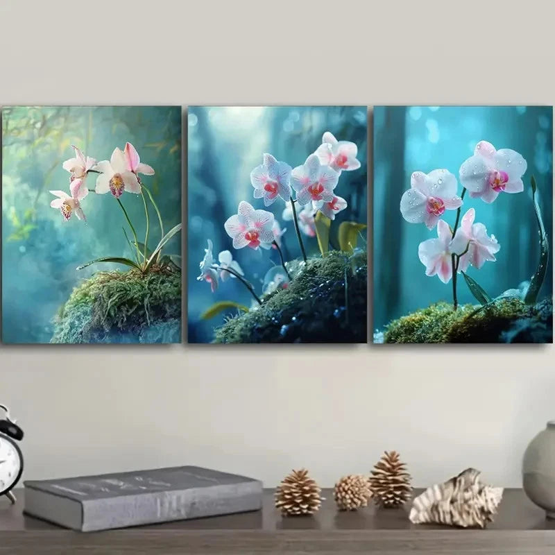 3pcs Purple Orchids on Moss Wall Art Set Canvas Framed 60x90cm - High Quality Print 100% Australian Made Wall Canvas Ready to Hang