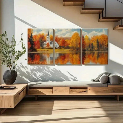 3pcs Autumn Church Landscape & Lake Reflection Wall Art Set Canvas Framed 50x70cm - High Quality Print 100% Australian Made Wall Canvas Ready to Hang - Bella Home Decor
