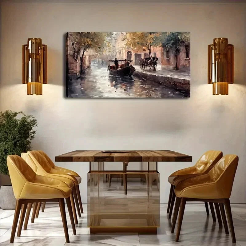 Serene River Scene with Gondola Wall Art Canvas Office Home Room Framed 120x60cm - Bella Home Decor