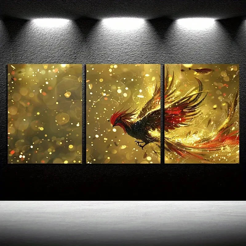 3pcs Vibrant Phoenix Golden Illustration Metal Print Ready to Hang Art - Bella Home Decor