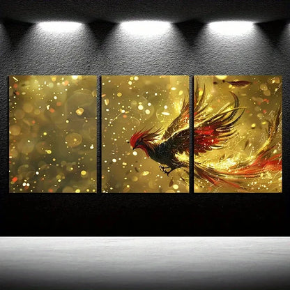 3pcs Vibrant Phoenix Golden Illustration Metal Print Ready to Hang Art - Bella Home Decor