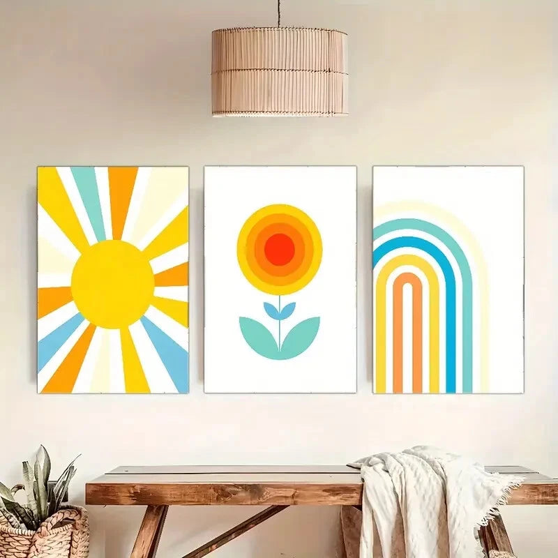 3pcs Flowers Sun And Rainbow Poster Abstract Metal Print Ready to Hang Art