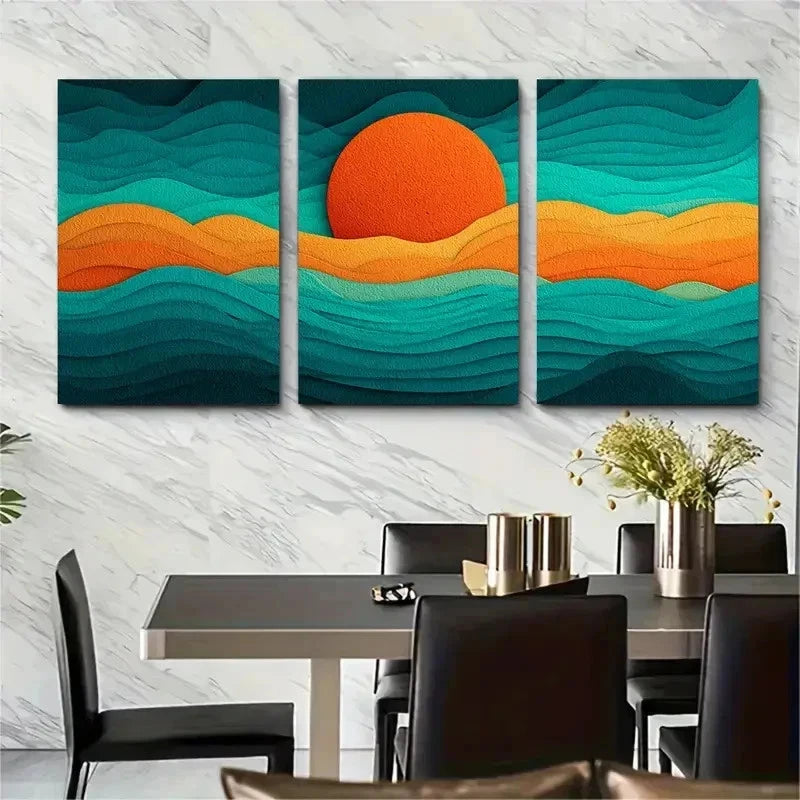 3pcs Orange Sun And Turquoise Ocean Wave Perfect Wall Art Set Canvas Framed 50x70cm - High Quality Print 100% Australian Made Wall Canvas Ready to Hang